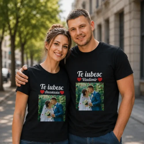 Set Cadou Tricouri Cuplu Personalizate Te iubesc cu Nume si Poza