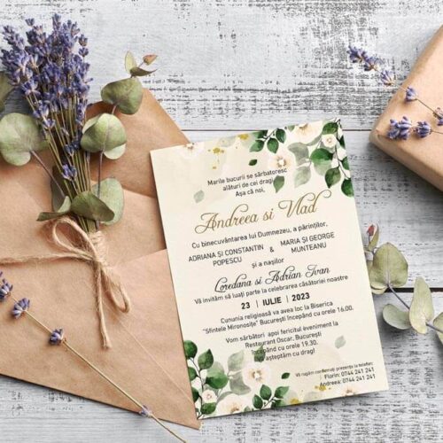 Invitație Nuntă Green – Gold – Include Personalizarea