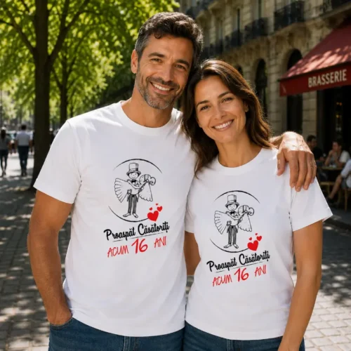 Set Tricouri Cuplu Personalizate - Proaspat Casatoriti acum 16 ani