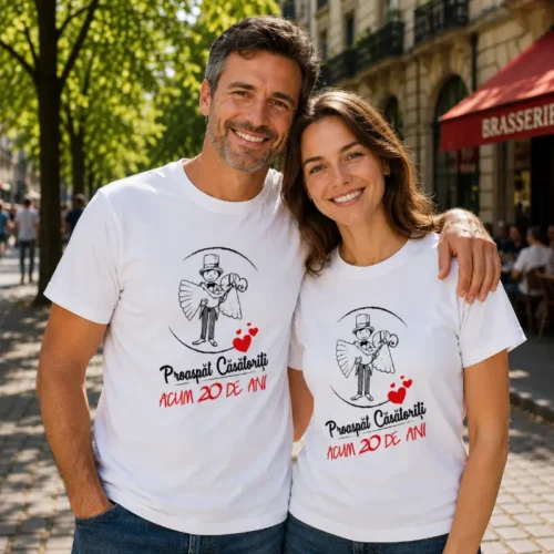Set Tricouri Cuplu Personalizate – Proaspat Casatoriti acum 20 ani