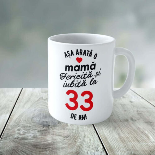 Cană Personalizata Așa arată o Mamă fericită și iubită la 33 de ani