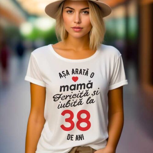 tricou personalizat asa arata mama fericita si iubita la 38 de ani