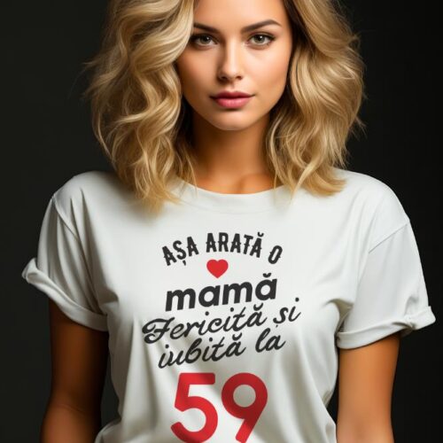 tricou personalizat asa arata mama fericita si iubita la 59 de ani