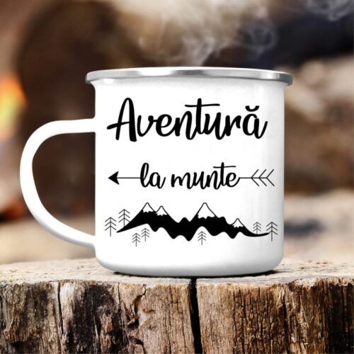 Cana metalica emailata personalizata "Aventura la munte"