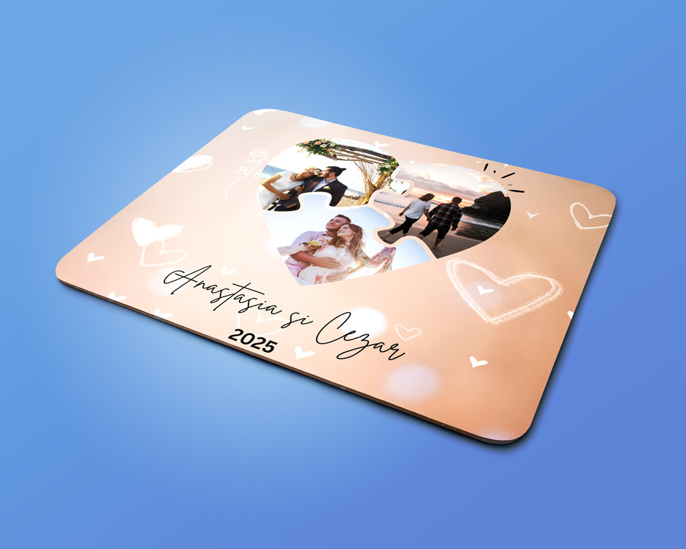 Mouse pad personalizat inima puzzle cu 3 poze si nume