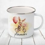 Cană metalică personalizată copii Iepuras pe bicicleta