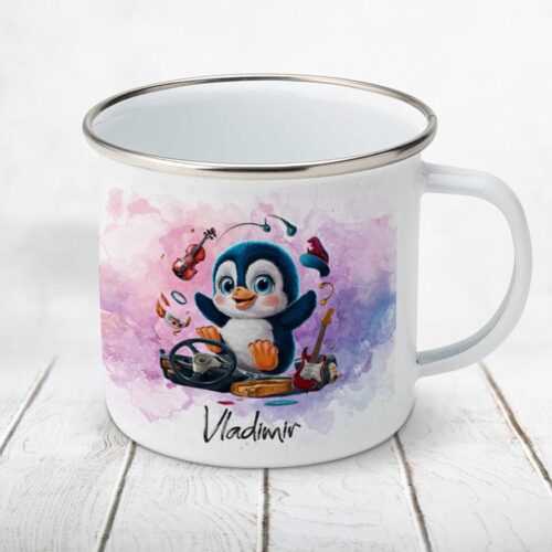 Cană metalică personalizată copii Pinguin