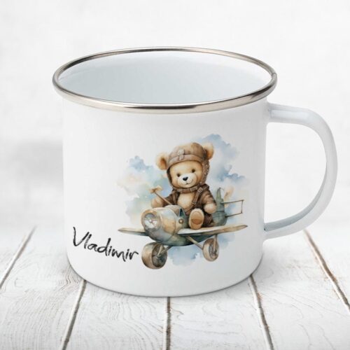 Cană metalică personalizată copii Ursuletul aviator