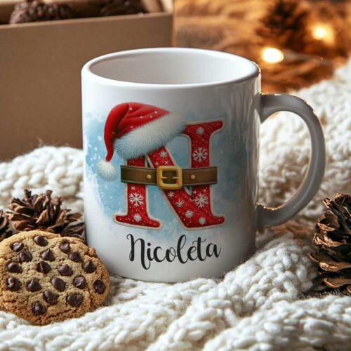 Cană-Personalizată-Monogramă-Crăciun-Inițială-și-Nume-N
