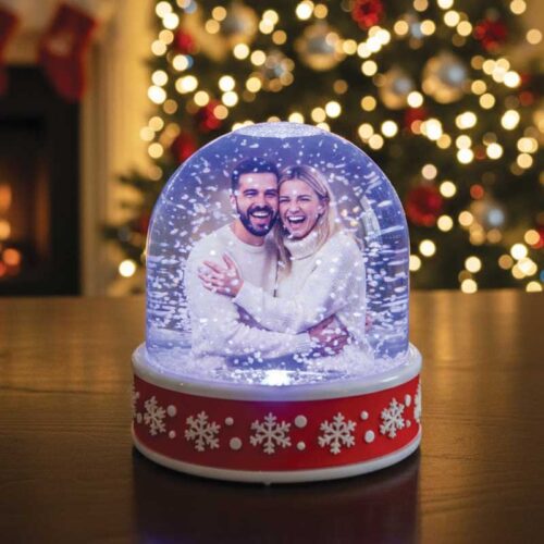 Glob foto led de Craciun cu fulgi de zapada personalizat cu 2 fotografii