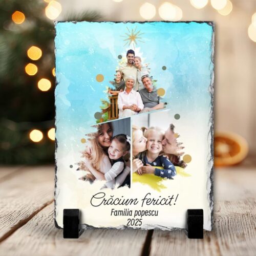 Piatră ardezie personalizată cu 3 poze şi mesaj de Crăciun model brad