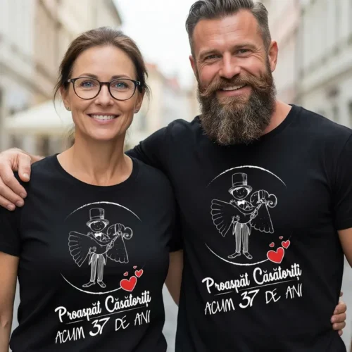Set Tricouri Cuplu Personalizate – Proaspat Casatoriti acum 37 ani
