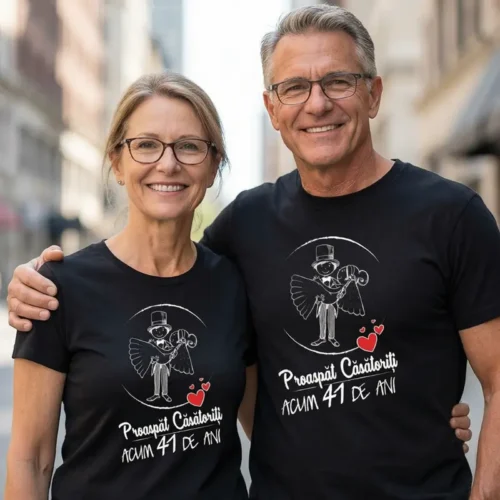 Set Tricouri Cuplu Personalizate – Proaspat Casatoriti acum 41 ani