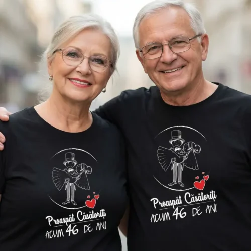 Set Tricouri Cuplu Personalizate – Proaspat Casatoriti acum 46 ani