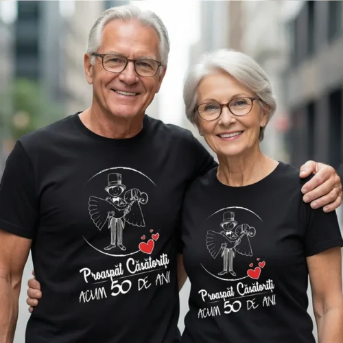 Set Tricouri Cuplu Personalizate – Proaspat Casatoriti acum 50 ani