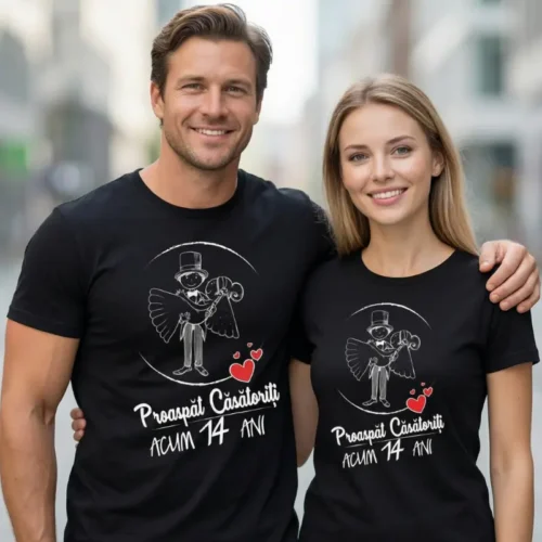 Set Tricouri Cuplu Personalizate – Proaspat Casatoriti acum 14 ani
