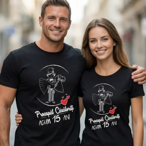 Set Tricouri Cuplu Personalizate – Proaspat Casatoriti acum 15 ani