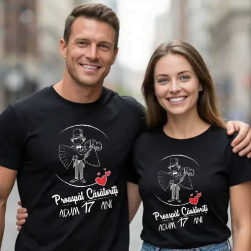 Set Tricouri Cuplu Personalizate – Proaspat Casatoriti acum 17 ani