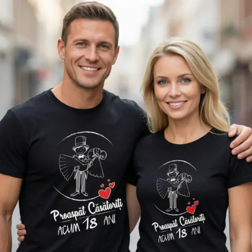 Set Tricouri Cuplu Personalizate – Proaspat Casatoriti acum 18 ani