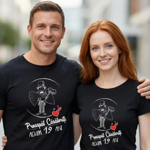 Set Tricouri Cuplu Personalizate – Proaspat Casatoriti acum 19 ani