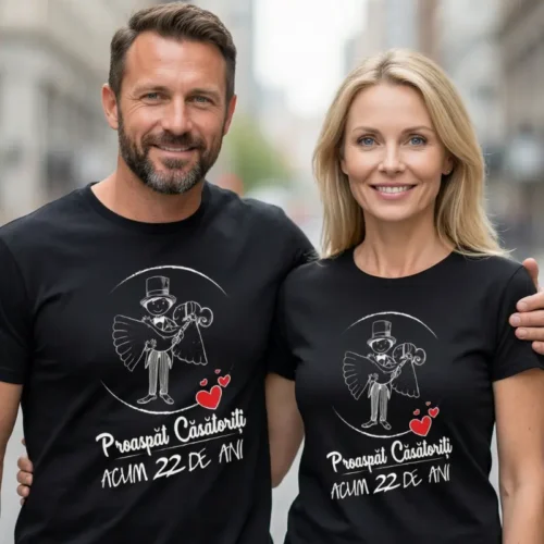 Set Tricouri Cuplu Personalizate – Proaspat Casatoriti acum 20 ani