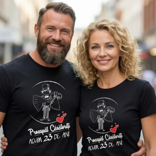 Set Tricouri Cuplu Personalizate – Proaspat Casatoriti acum 23 ani