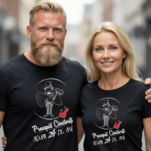 Set Tricouri Cuplu Personalizate – Proaspat Casatoriti acum 24 ani