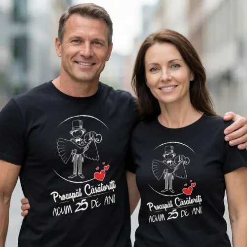 Set Tricouri Cuplu Personalizate – Proaspat Casatoriti acum 25 de ani