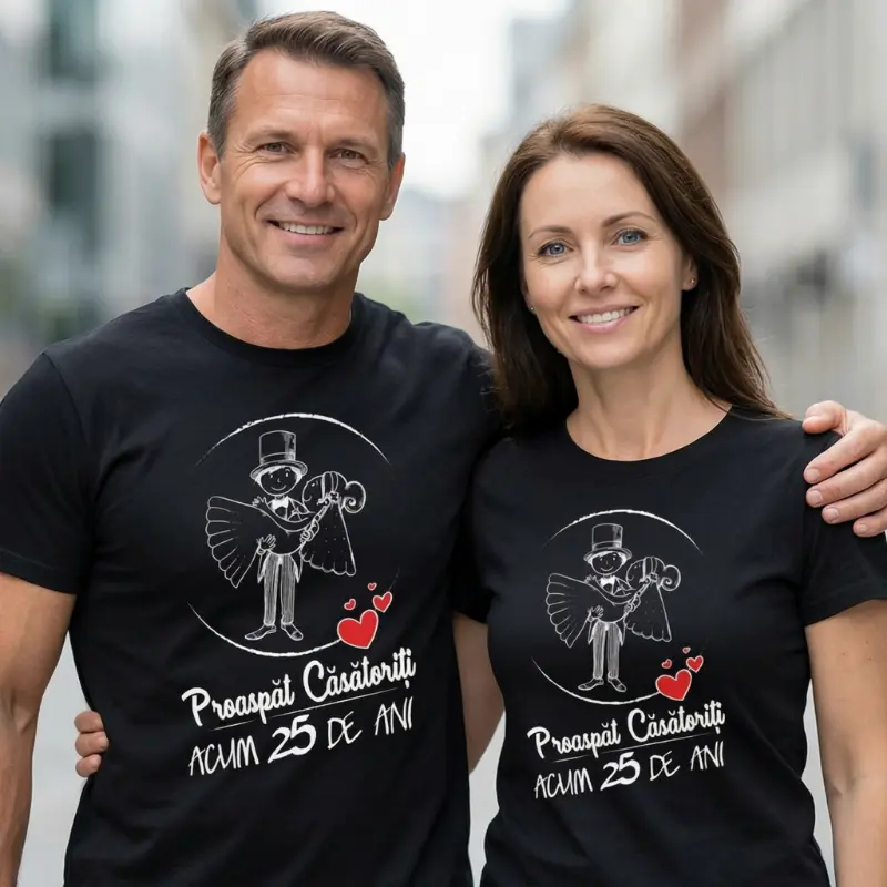 Set Tricouri Cuplu Personalizate – Proaspat Casatoriti acum 25 de ani