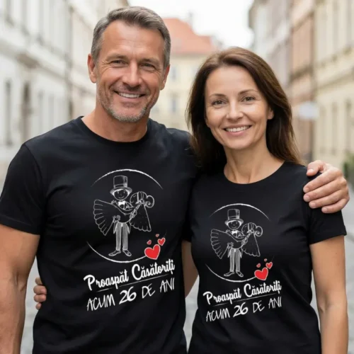 Set Tricouri Cuplu Personalizate – Proaspat Casatoriti acum 26 ani