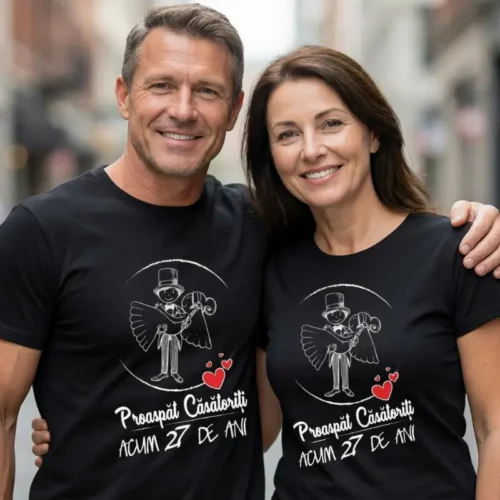 Set Tricouri Cuplu Personalizate – Proaspat Casatoriti acum 27 ani