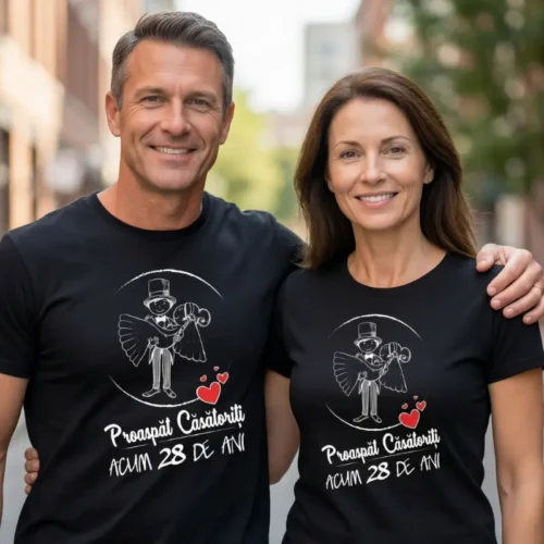 Set Tricouri Cuplu Personalizate – Proaspat Casatoriti acum 28 ani