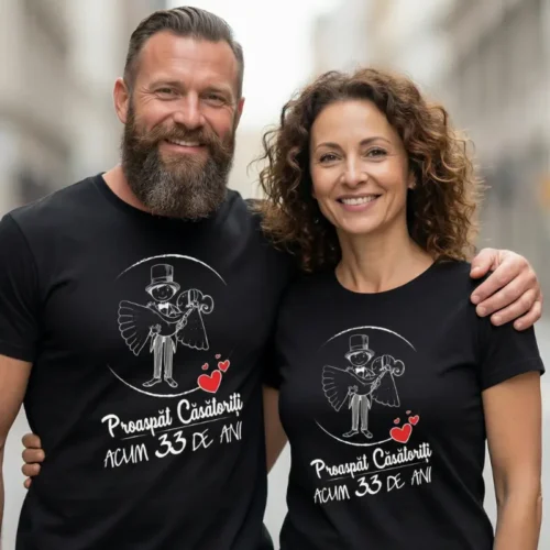 Set Tricouri Cuplu Personalizate – Proaspat Casatoriti acum 33 ani
