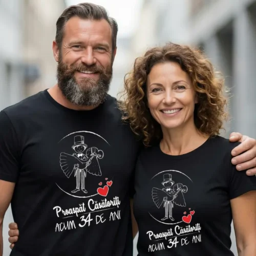 Set Tricouri Cuplu Personalizate – Proaspat Casatoriti acum 34 ani