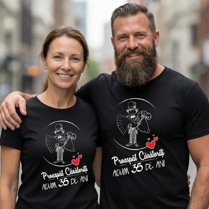Set Tricouri Cuplu Personalizate – Proaspat Casatoriti acum 35 ani