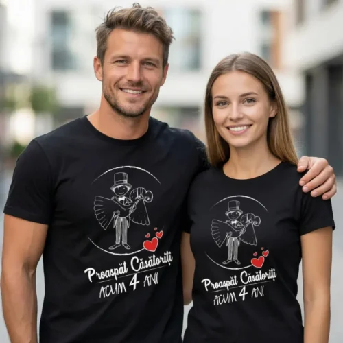 Set Tricouri Cuplu Personalizate – Proaspat Casatoriti acum 4 ani
