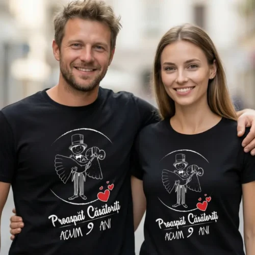 Set Tricouri Cuplu Personalizate – Proaspat Casatoriti acum 9 ani