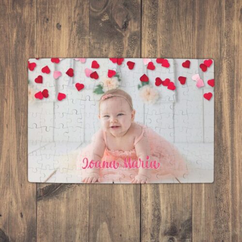 Puzzle Personalizat Magnetic - 96 de piese 20x28 cm o poza cu inimioare si text PZ015