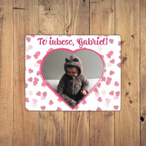 Puzzle Personalizat pentru copii - 30 de piese 19x24 cm o poza in forma de inima si text PZ024