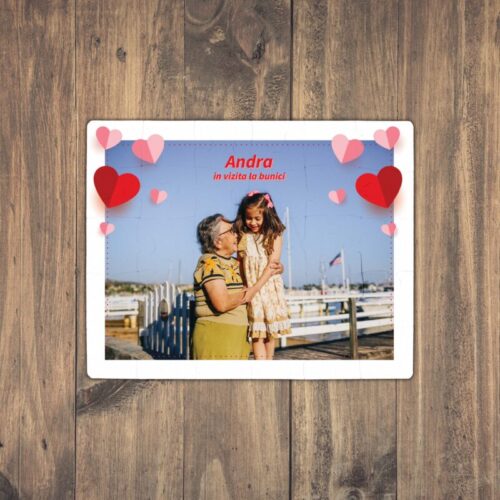 Puzzle Personalizat pentru copii - 30 de piese 19x24 cm o poza cu inimioare si text PZ028