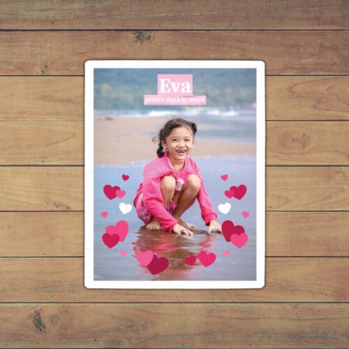 Puzzle Personalizat pentru copii - 30 de piese 19x24 cm o poza cu inimioare si text PZ030