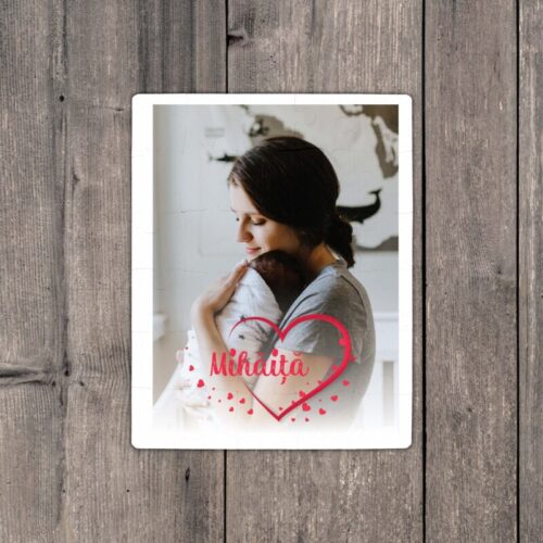 Puzzle Personalizat pentru copii - 30 de piese 19x24 cm o poza cu inimioare si text PZ031