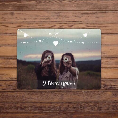 Puzzle Personalizat Magnetic - 63 de piese 13x18 cm o poza cu inimioare de flori si text PZ036