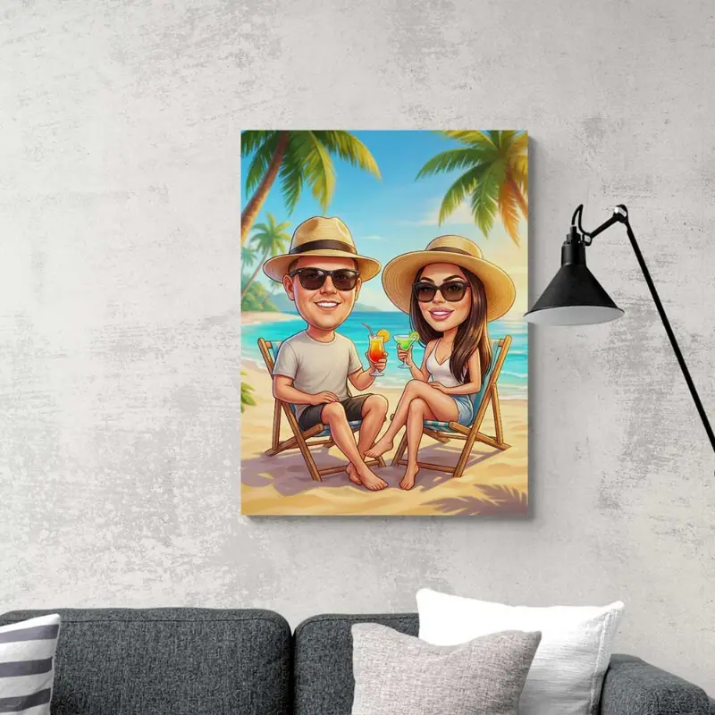 Tablou Canvas Caricatură Cuplu în Vacanță pe Plajă