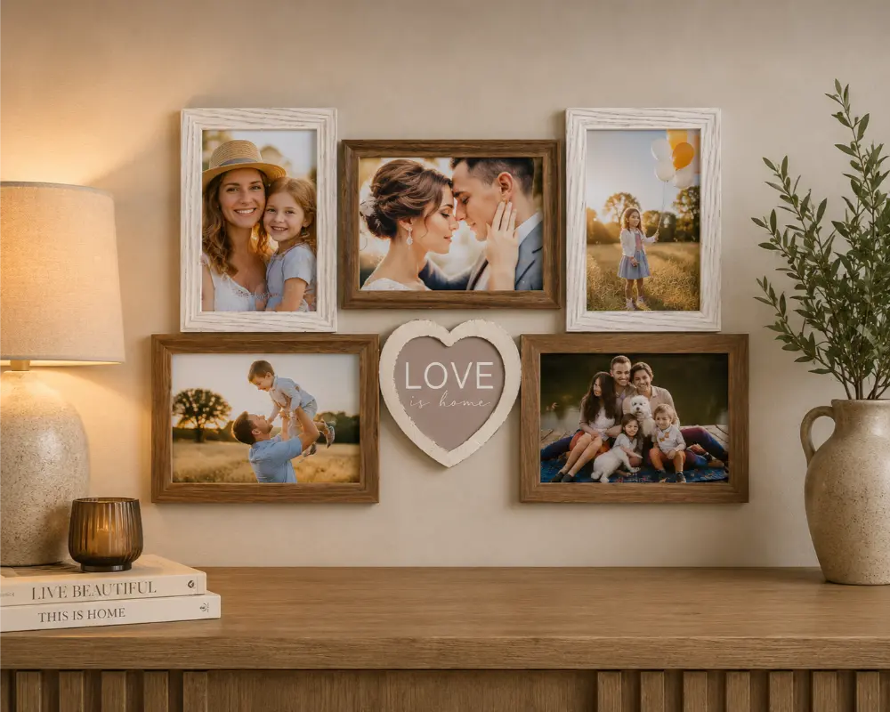 Rama Foto de Lemn Maro pentru 5 Poze LOVE IS HOME – Personalizare inclusă