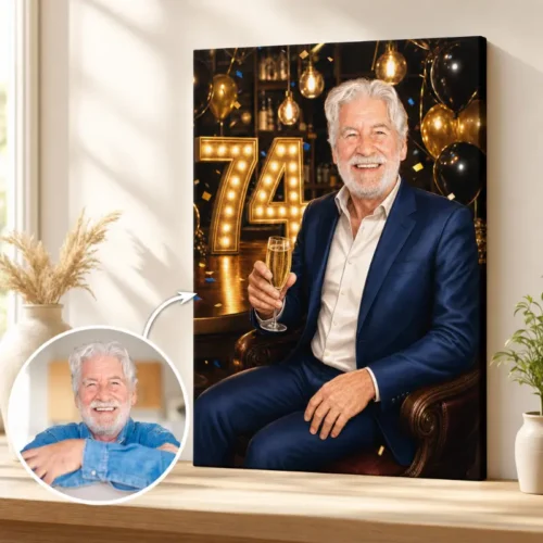 Tablou Personalizat Caricatură Aniversare 74 de ani Bărbat