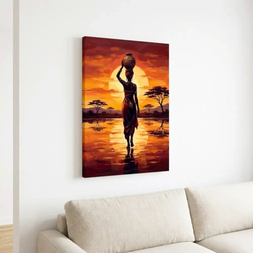 Tablou Canvas Femeie Africană - Apus de Soare în Savană