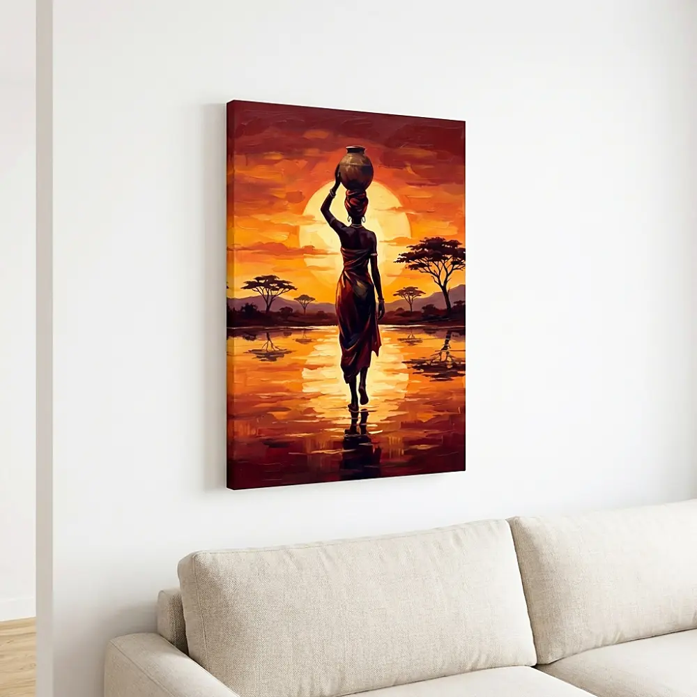Tablou Canvas Femeie Africană - Apus de Soare în Savană