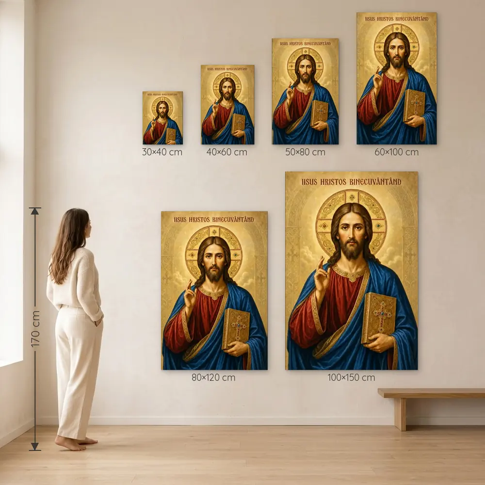 Icoana Iisus Hristos Binecuvântând Tablou Canvas Ortodox – dimensiuni disponibile (30×40, 40×60, 50×80, 60×100, 80×120, 100×150 cm) pe perete, la scară reală lângă o persoană de 1,70 m
