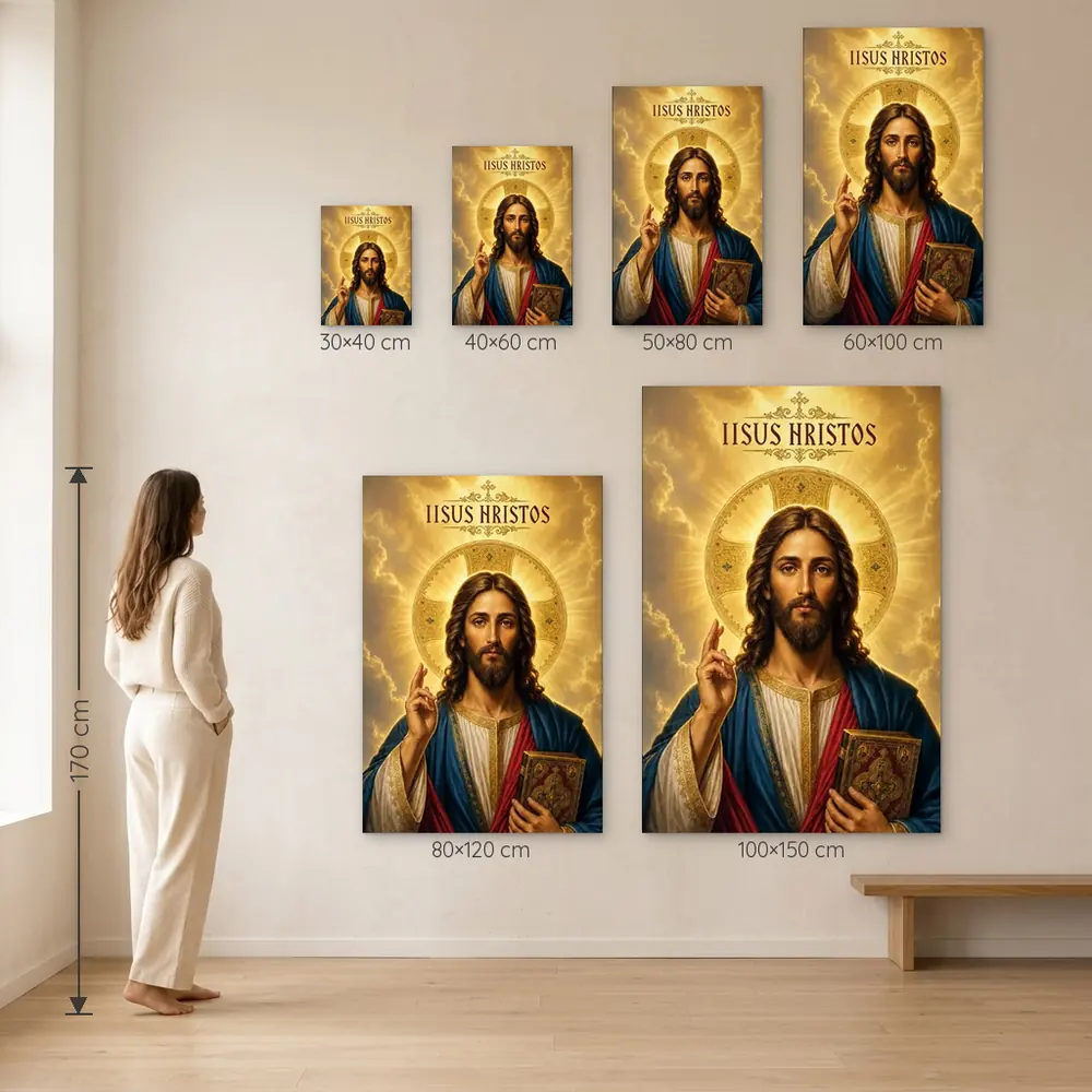 Icoana Iisus Hristos în Lumina Aurie Tablou Canvas Ortodox – dimensiuni disponibile (30×40, 40×60, 50×80, 60×100, 80×120, 100×150 cm) pe perete, la scară reală lângă o persoană de 1,70 m